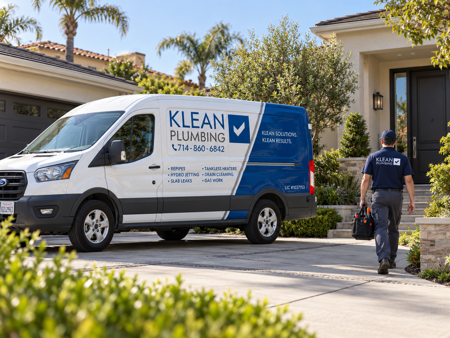 Klean Plumbing van parked at an Orange County home